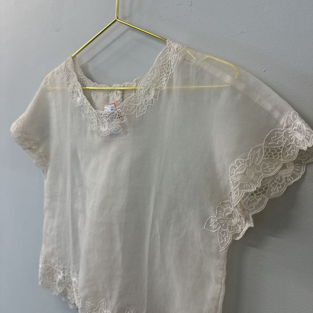 Vintage Cream Lace Detail Short Sleeve Top Small