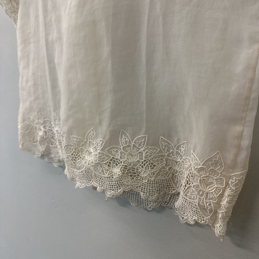 Vintage Cream Lace Detail Short Sleeve Top Small