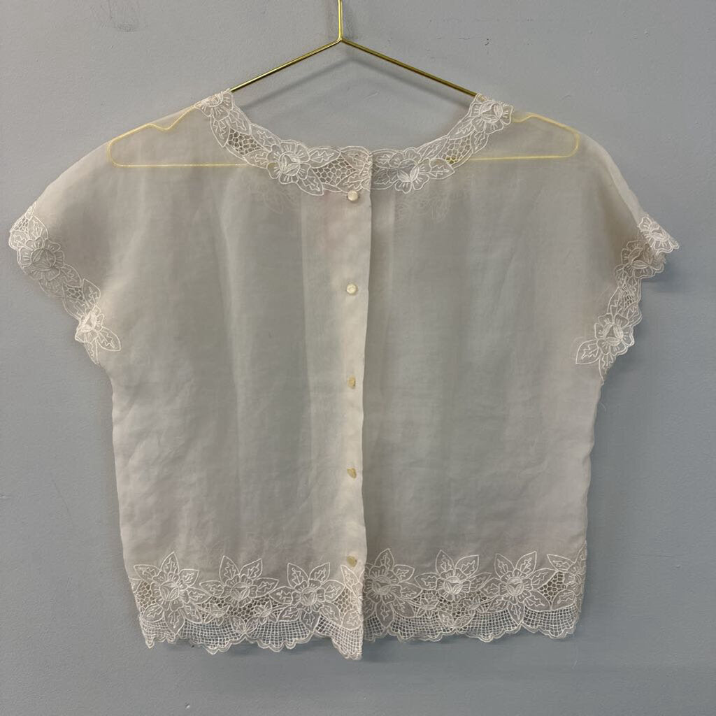 Vintage Cream Lace Detail Short Sleeve Top Small