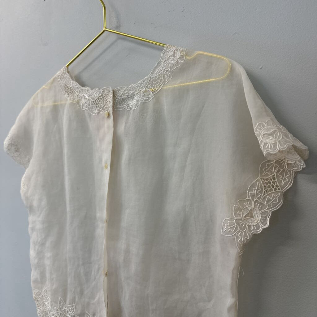 Vintage Cream Lace Detail Short Sleeve Top Small