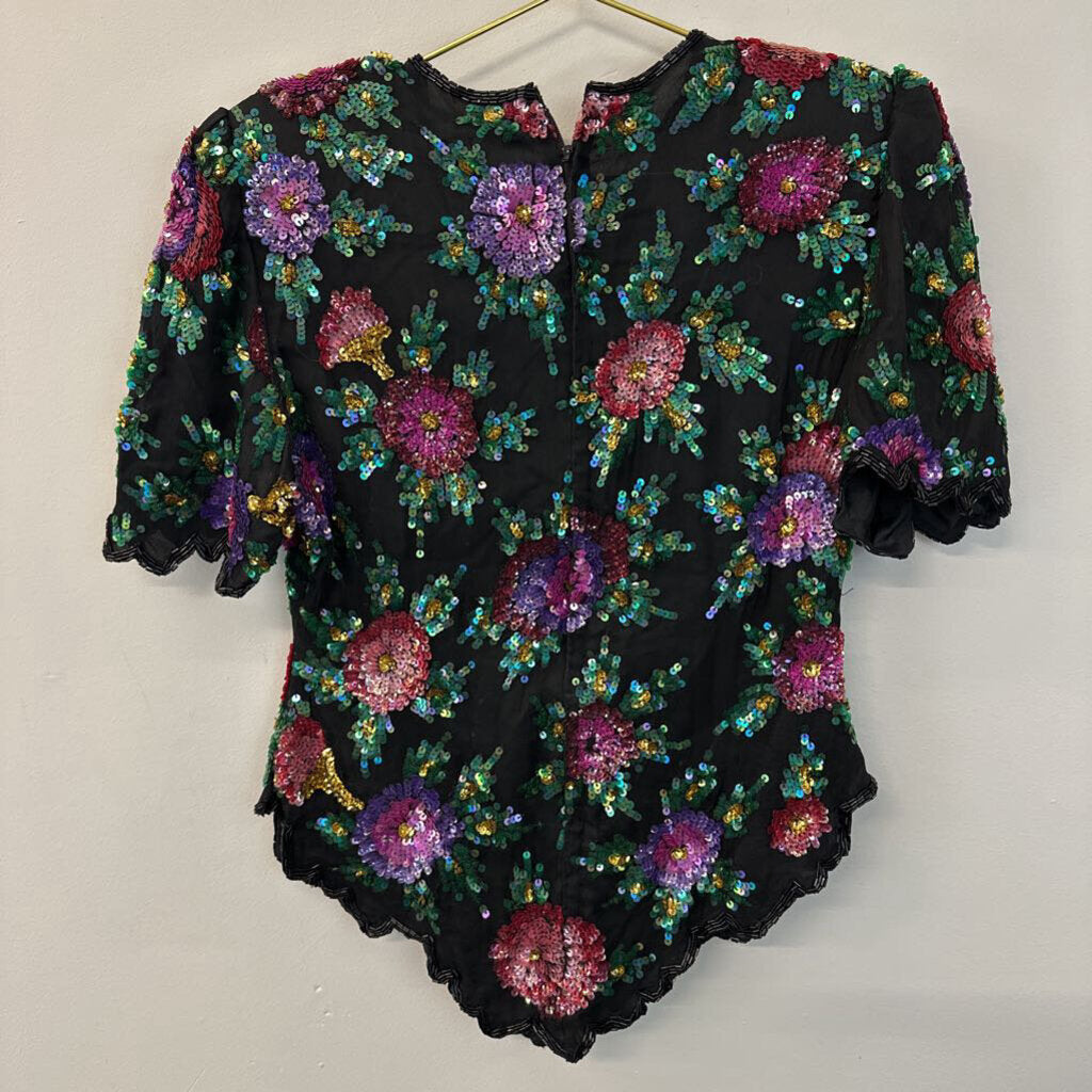 Vintage Black/ Multi Sequin Short Sleeve Top Medium