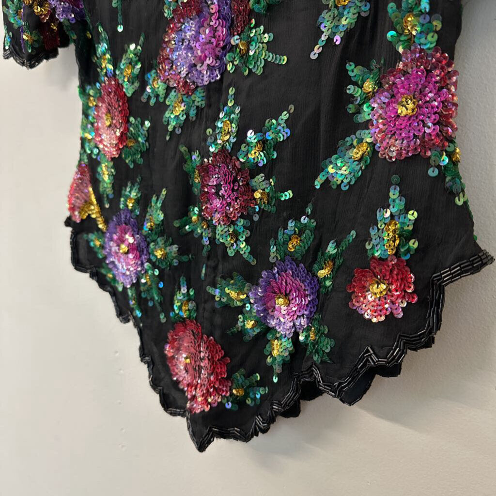 Vintage Black/ Multi Sequin Short Sleeve Top Medium