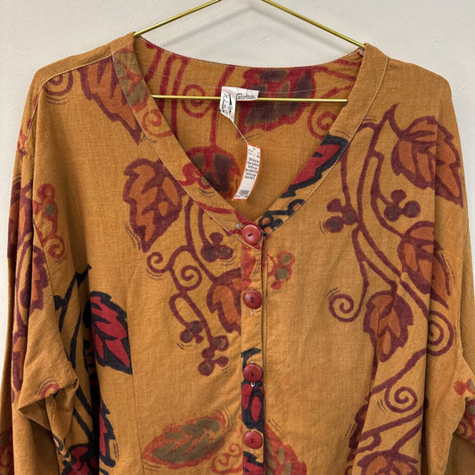 Winter Sun Brown/ Red Print Long Sleeve Button Down Top Extra Large