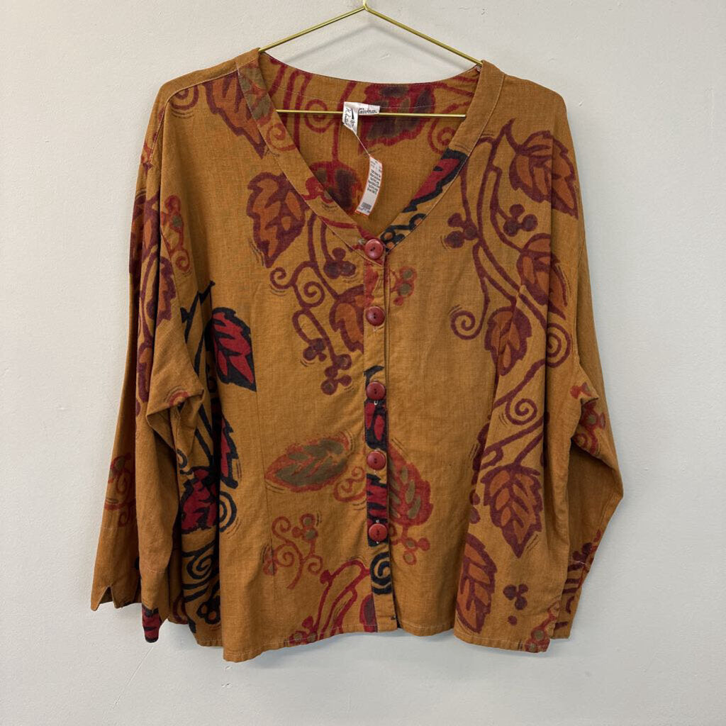 Winter Sun Brown/ Red Print Long Sleeve Button Down Top Extra Large