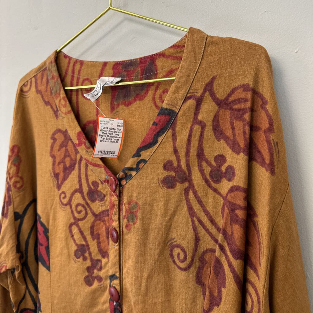 Winter Sun Brown/ Red Print Long Sleeve Button Down Top Extra Large