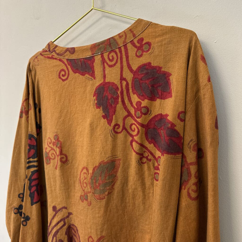 Winter Sun Brown/ Red Print Long Sleeve Button Down Top Extra Large