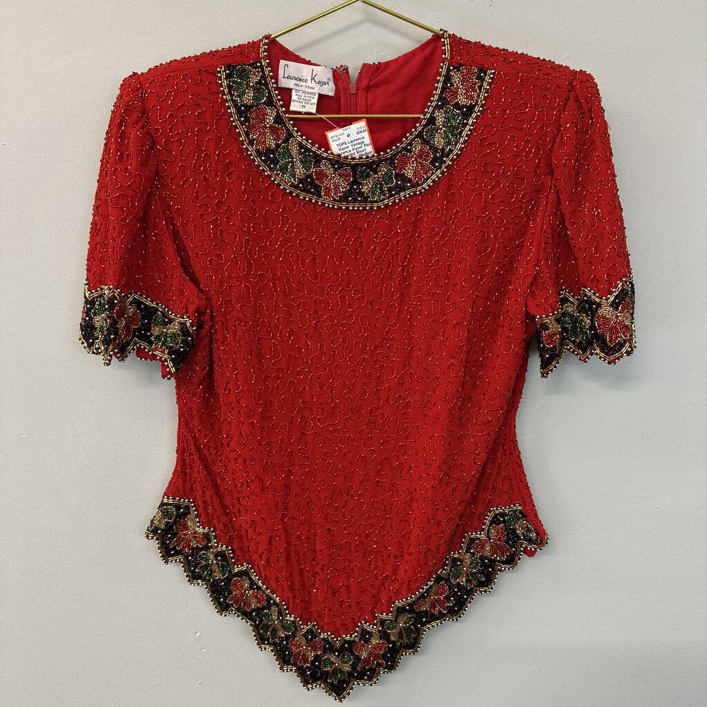 Vintage Laurence Kazer Red Beaded Short Sleeve Top Medium