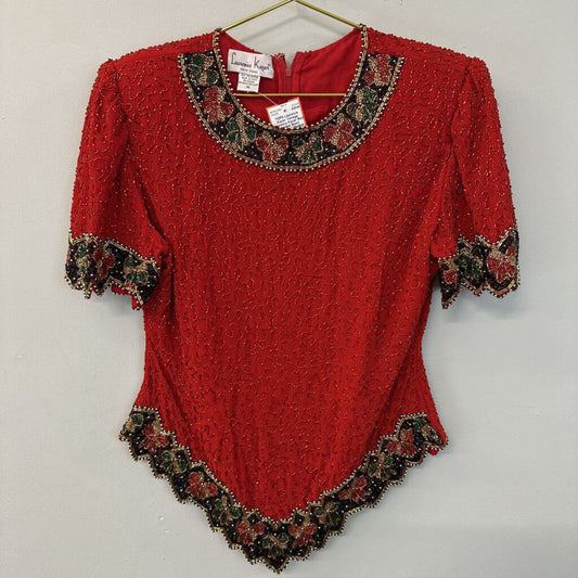 Vintage Laurence Kazer Red Beaded Short Sleeve Top Medium