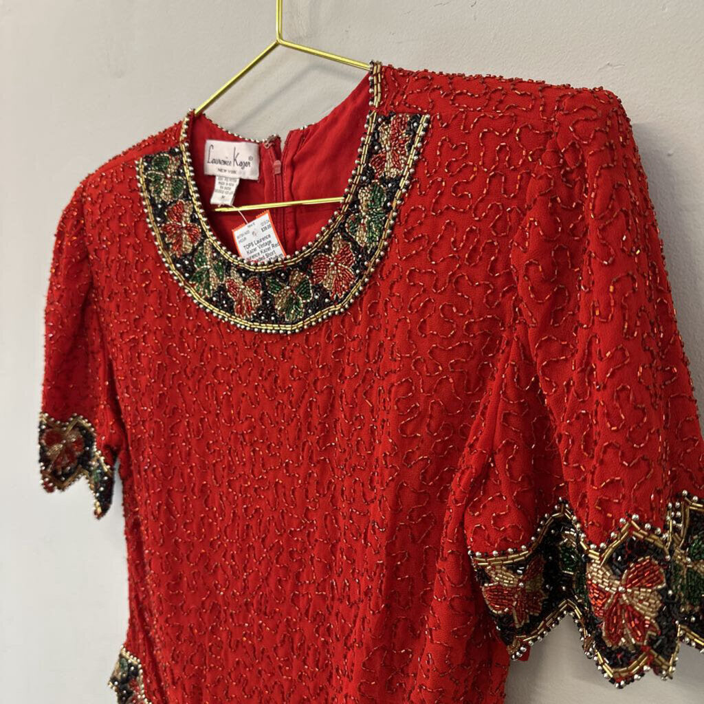 Vintage Laurence Kazer Red Beaded Short Sleeve Top Medium