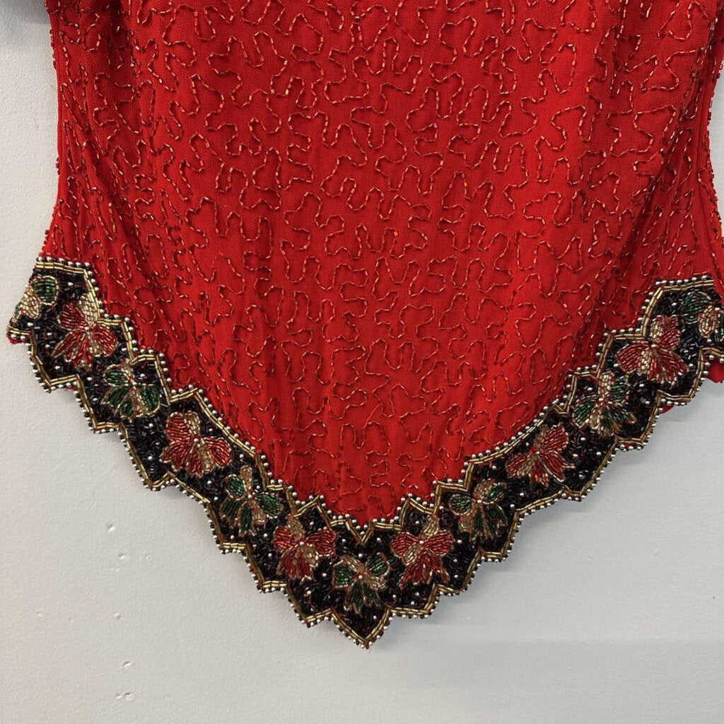 Vintage Laurence Kazer Red Beaded Short Sleeve Top Medium