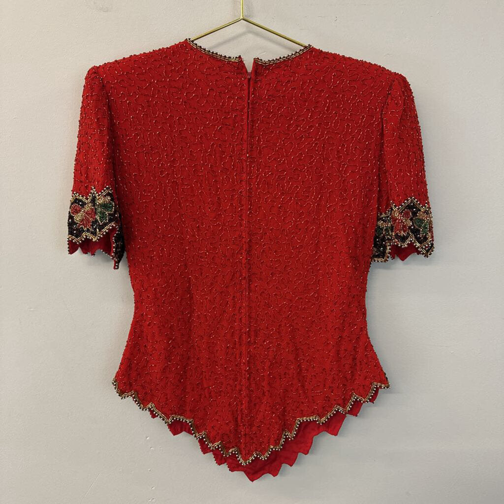 Vintage Laurence Kazer Red Beaded Short Sleeve Top Medium