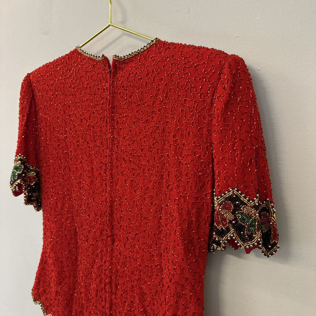 Vintage Laurence Kazer Red Beaded Short Sleeve Top Medium