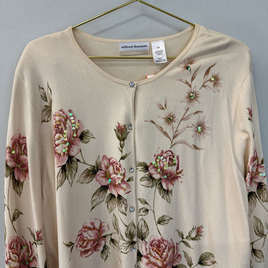 Alfred Dunner Cream/ Pink Rose Print Button Down Sweater 3X