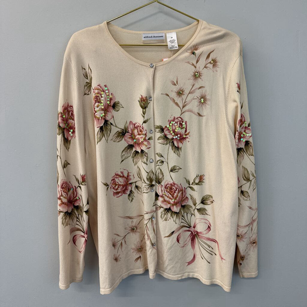 Alfred Dunner Cream/ Pink Rose Print Button Down Sweater 3X