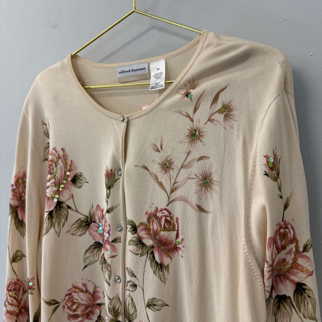 Alfred Dunner Cream/ Pink Rose Print Button Down Sweater 3X