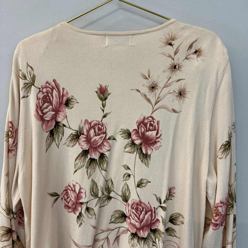 Alfred Dunner Cream/ Pink Rose Print Button Down Sweater 3X