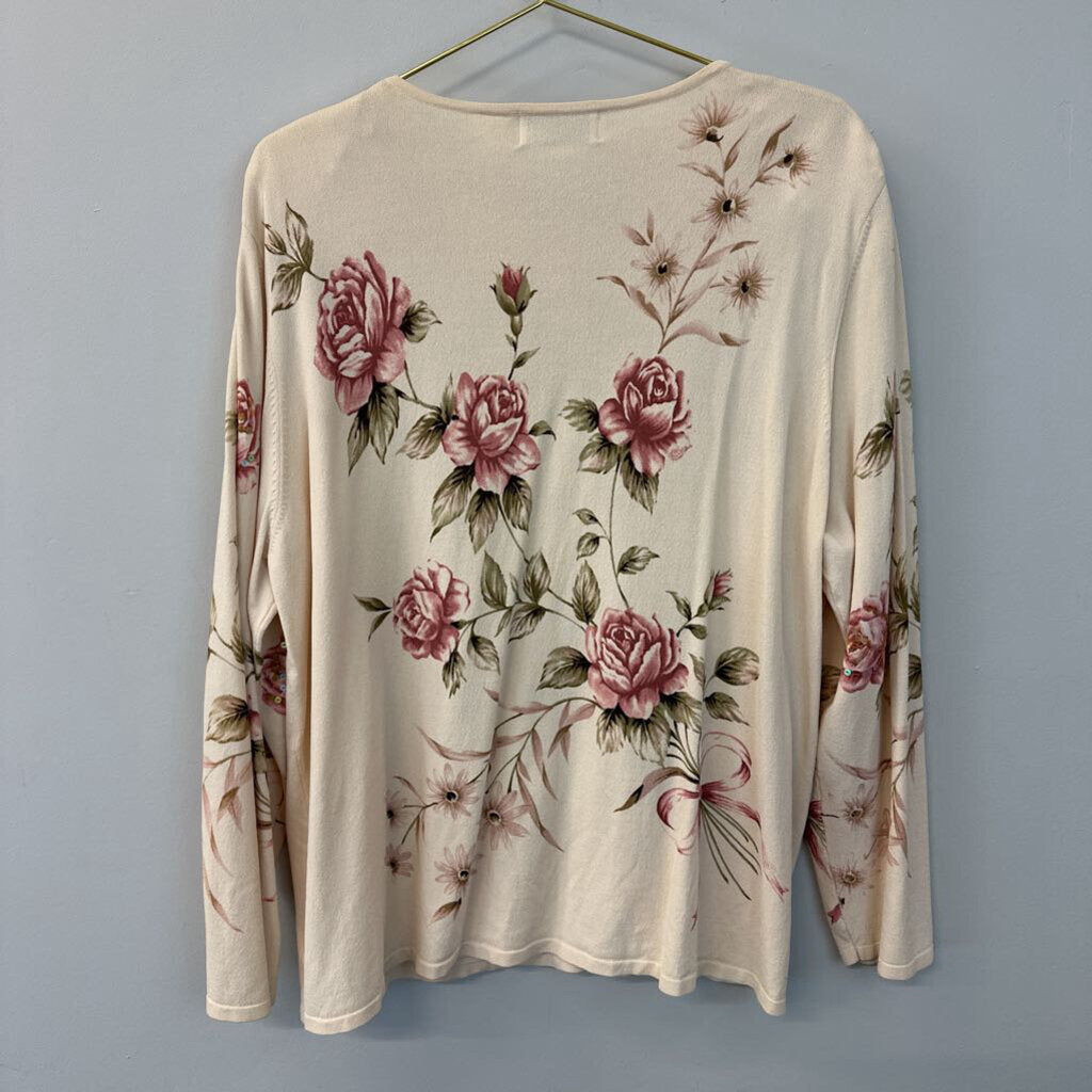 Alfred Dunner Cream/ Pink Rose Print Button Down Sweater 3X