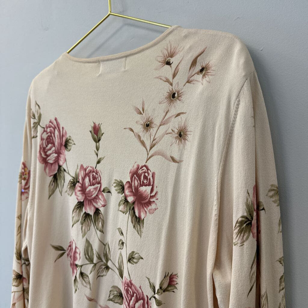 Alfred Dunner Cream/ Pink Rose Print Button Down Sweater 3X