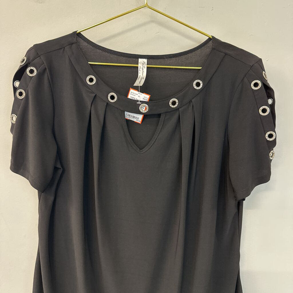 PerSeption Concept Black Short Sleeve Rhinestone Detail Top Large