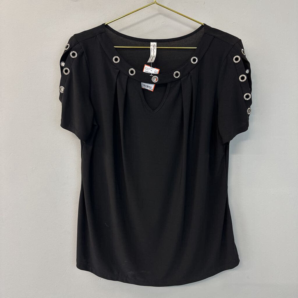 PerSeption Concept Black Short Sleeve Rhinestone Detail Top Large