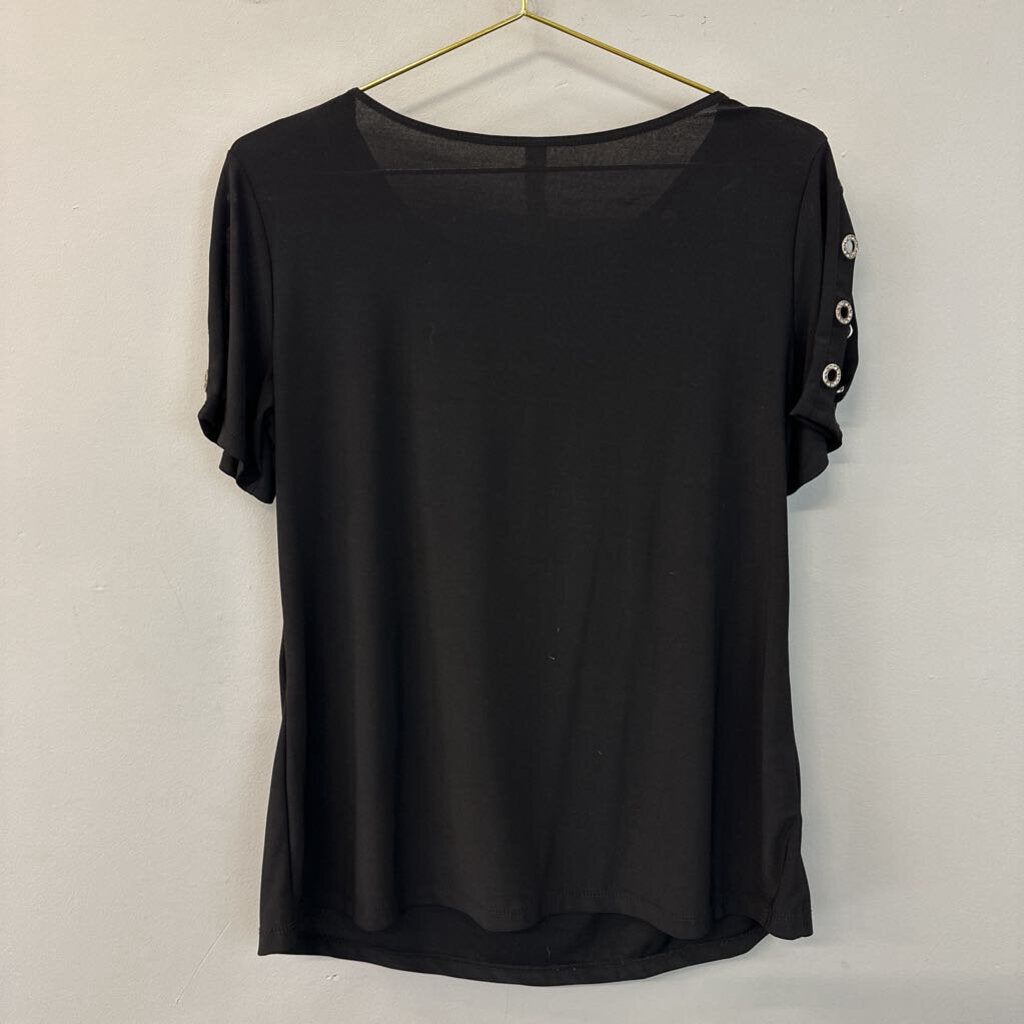 PerSeption Concept Black Short Sleeve Rhinestone Detail Top Large