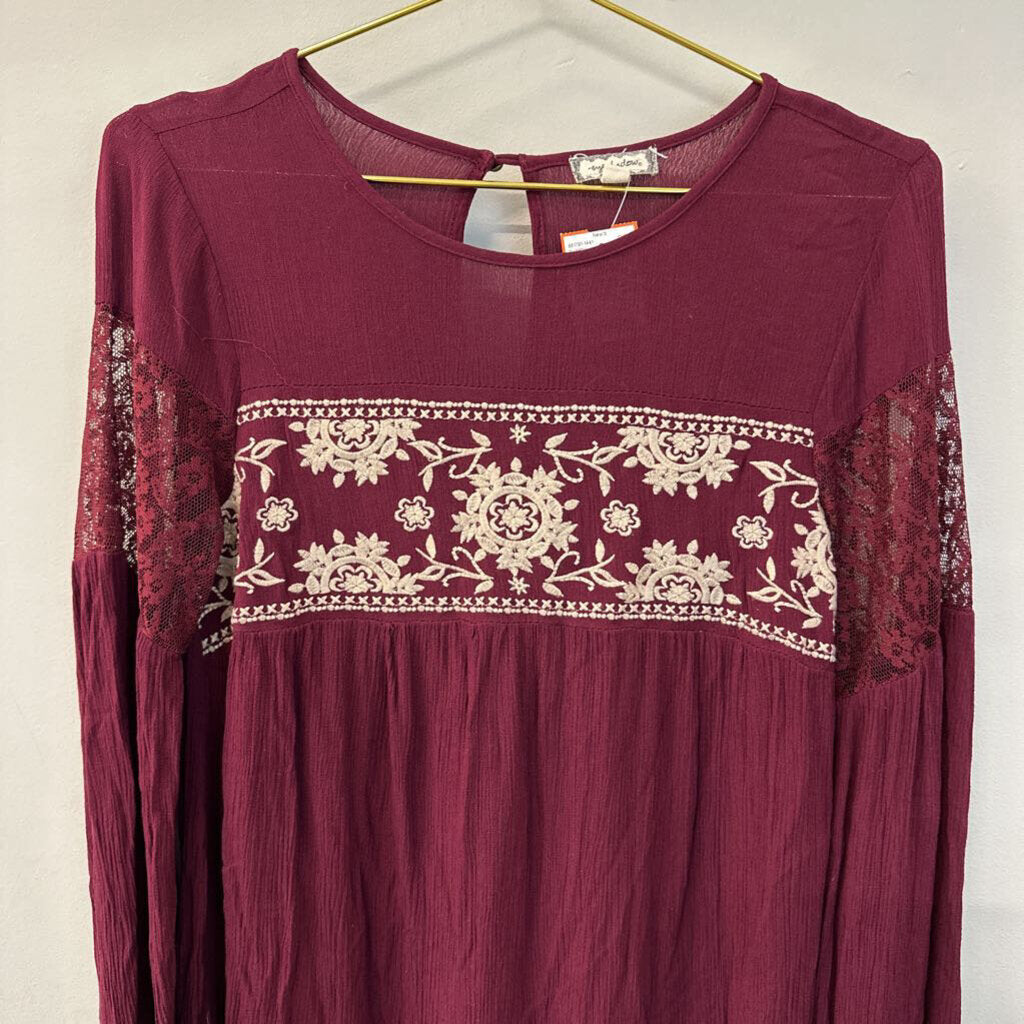 Eyeshadow Burgundy/ Cream Embroidered Long Sleeve Top Medium