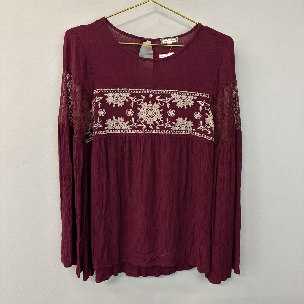 Eyeshadow Burgundy/ Cream Embroidered Long Sleeve Top Medium