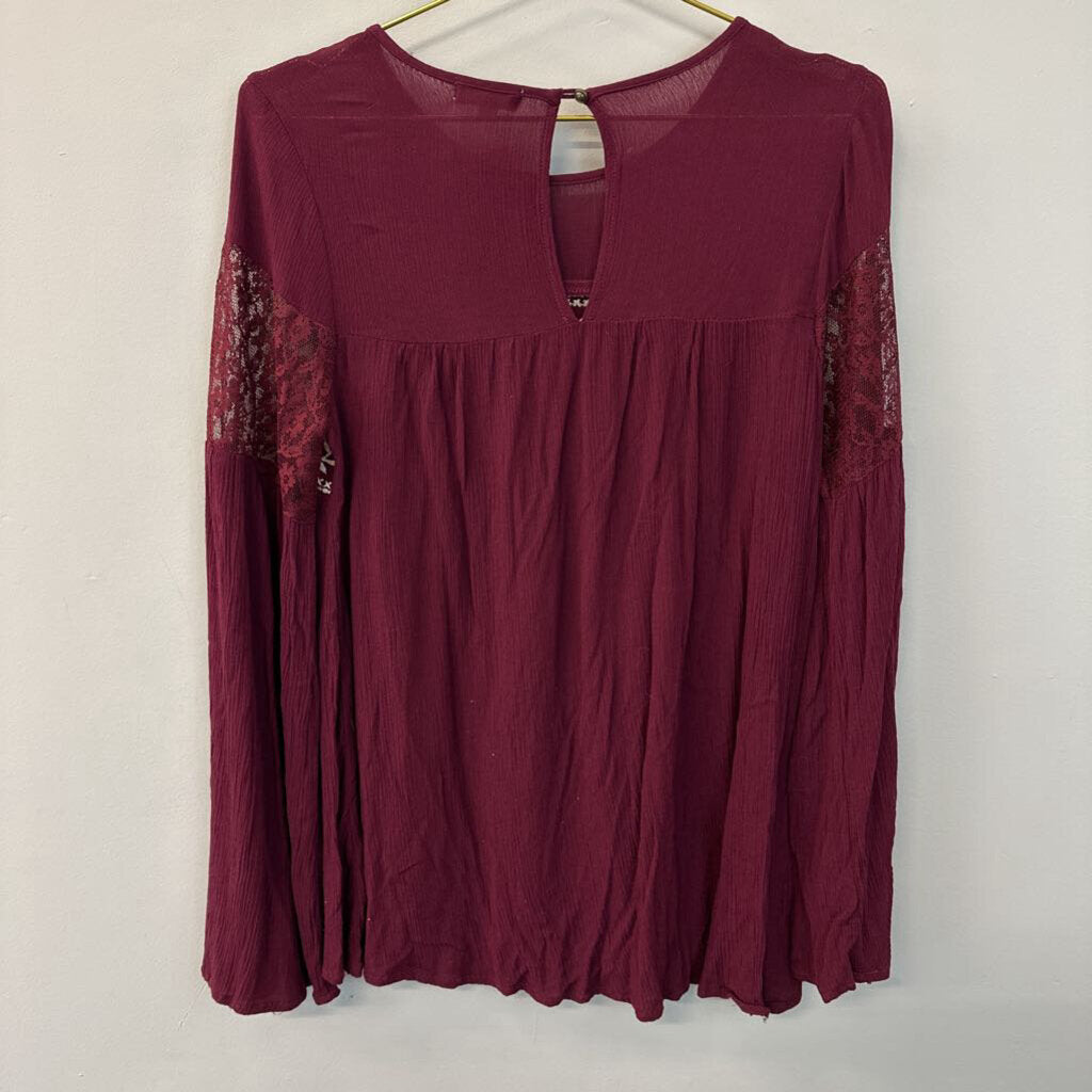 Eyeshadow Burgundy/ Cream Embroidered Long Sleeve Top Medium