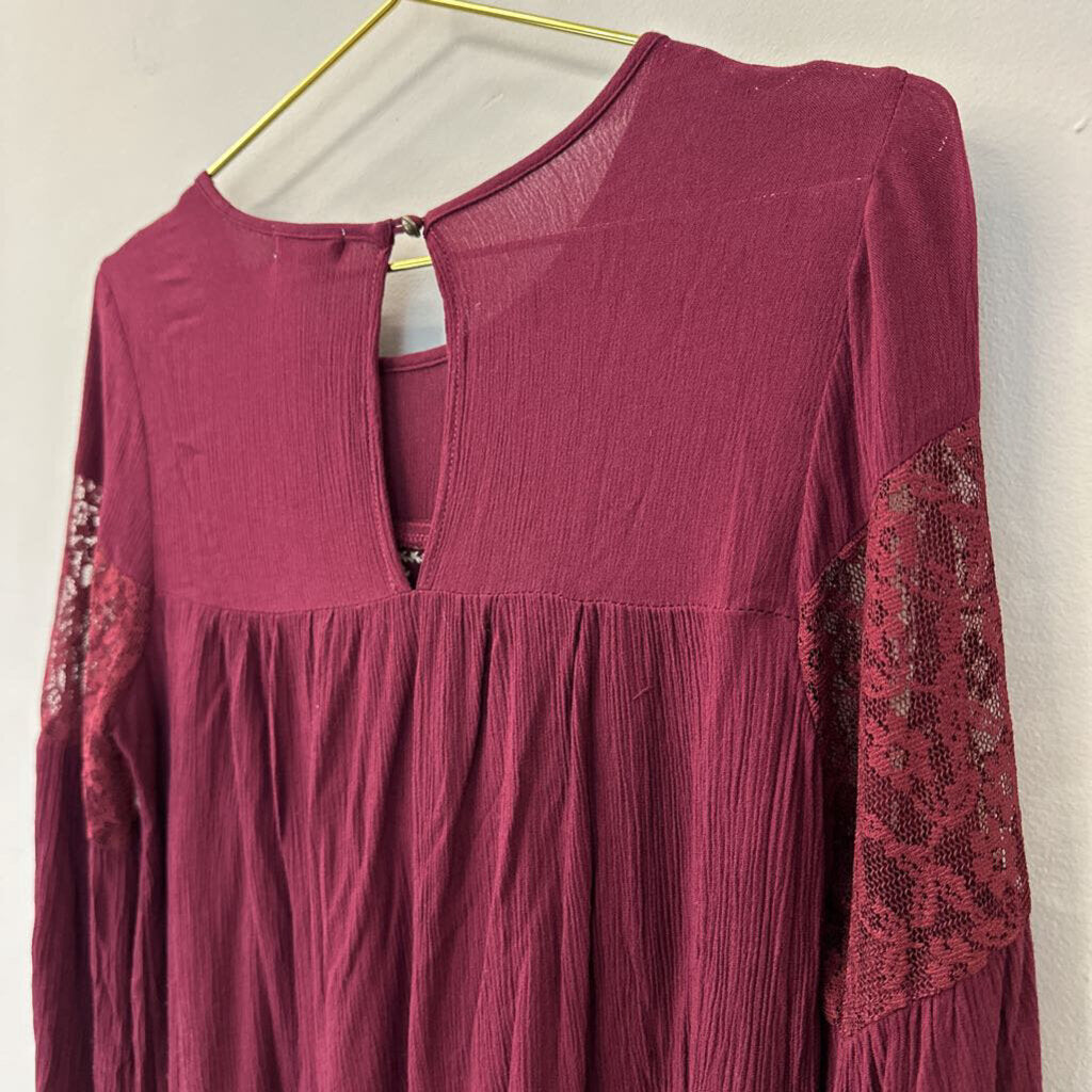 Eyeshadow Burgundy/ Cream Embroidered Long Sleeve Top Medium