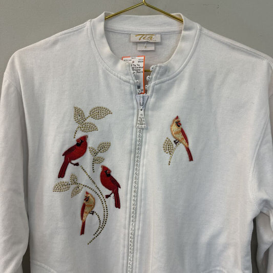 Tia White/ Red Cardinal Zip Up Sweater Small