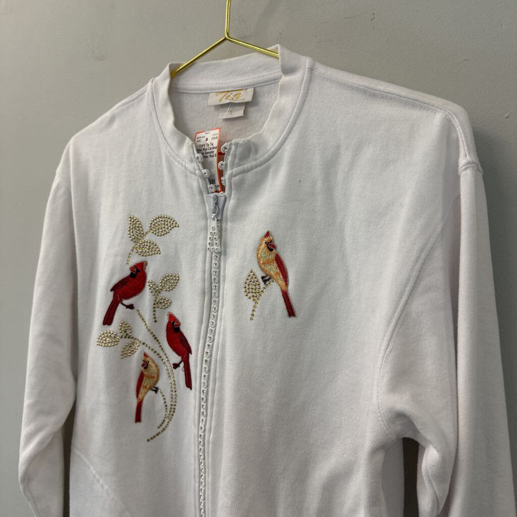 Tia White/ Red Cardinal Zip Up Sweater Small