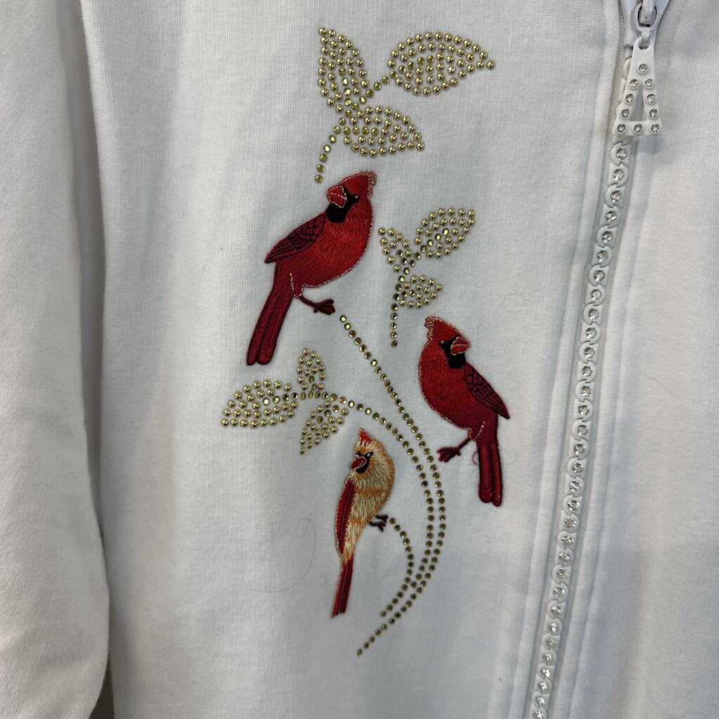 Tia White/ Red Cardinal Zip Up Sweater Small