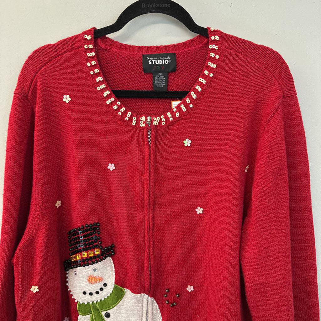 Designers Original Studio Red/ White Snowman Zip Up Sweater 2X