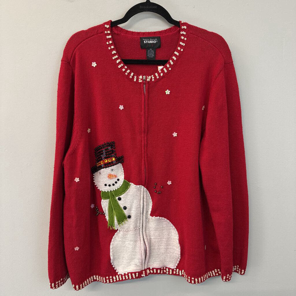 Designers Original Studio Red/ White Snowman Zip Up Sweater 2X