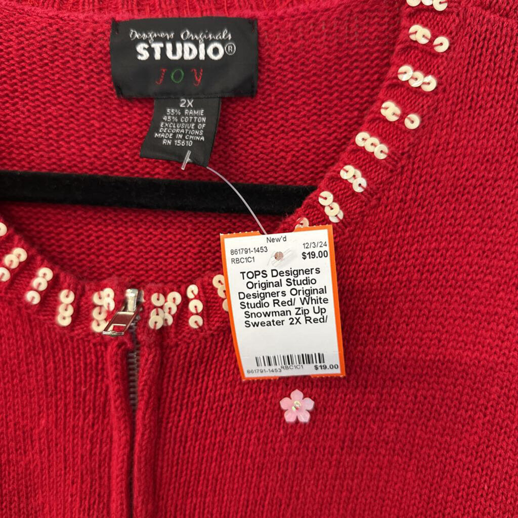 Designers Original Studio Red/ White Snowman Zip Up Sweater 2X