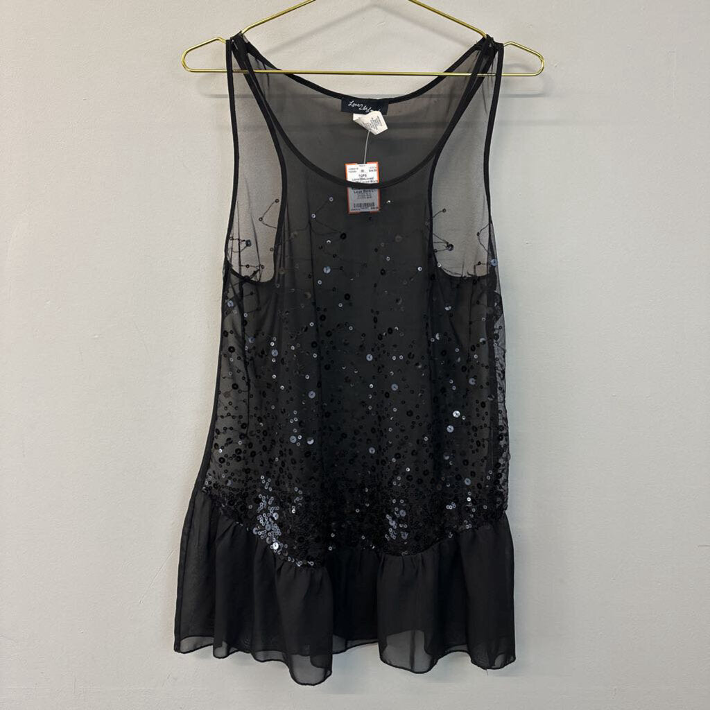 Love2BeLoved Black Sheer Sequin Ruffle Hem Tank Large