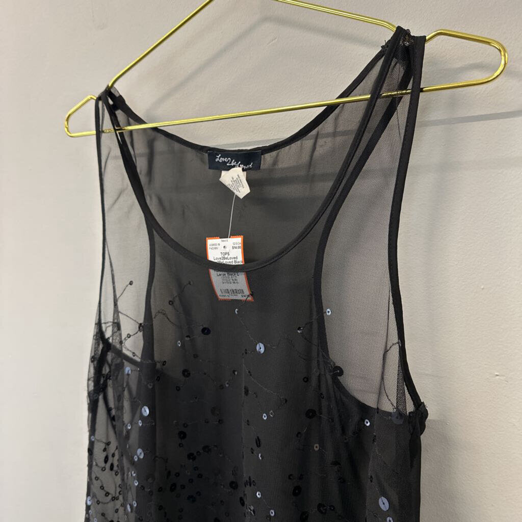 Love2BeLoved Black Sheer Sequin Ruffle Hem Tank Large