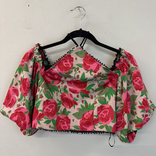 Anthropologie Pink Rose Print Short Puff Sleeve Crop Top Medium