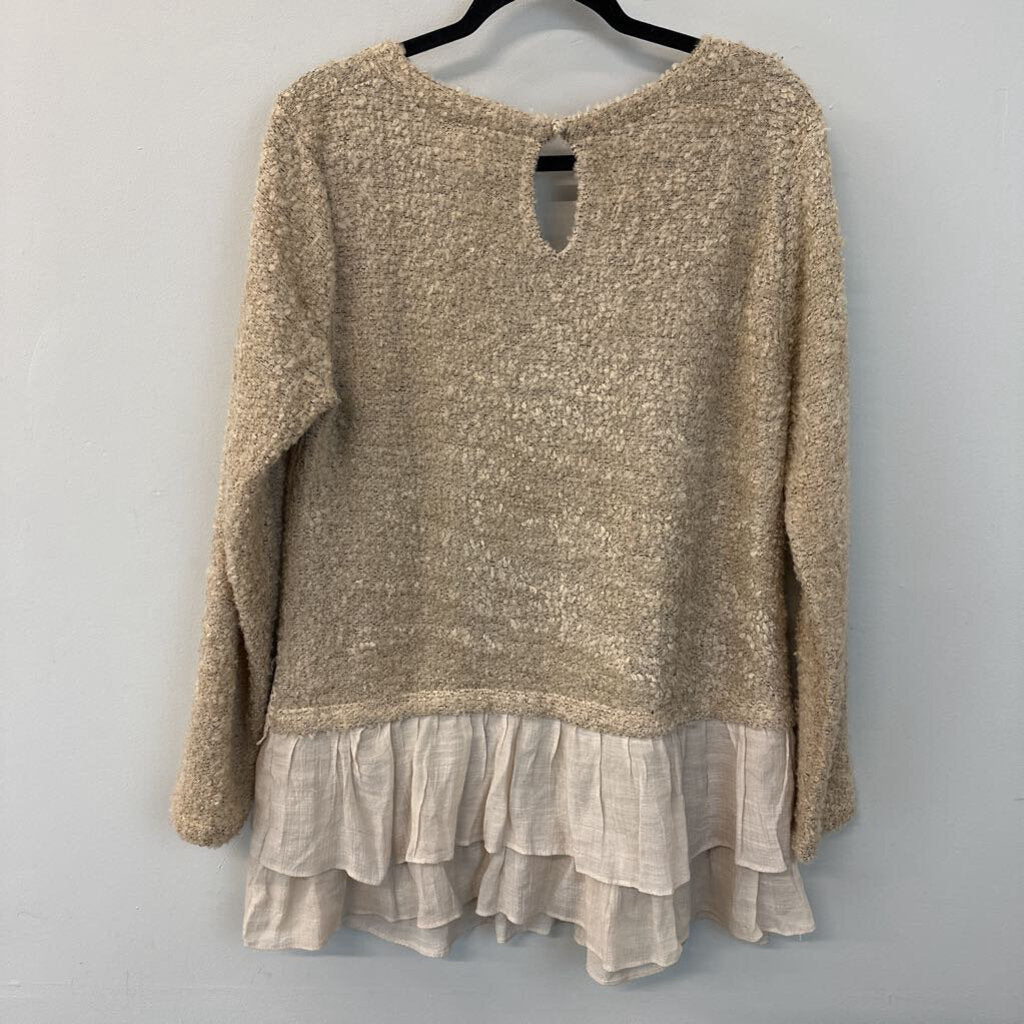 A'reve Anthropologie Beige Knit Ruffle Lace Hem Long Sleeve Sweater Large