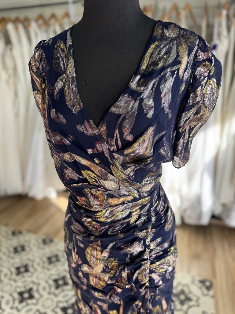 Shoshanna Midnight Navy/ Gold Metallic Flower Print Short Sleeve Long Formal Dress 12