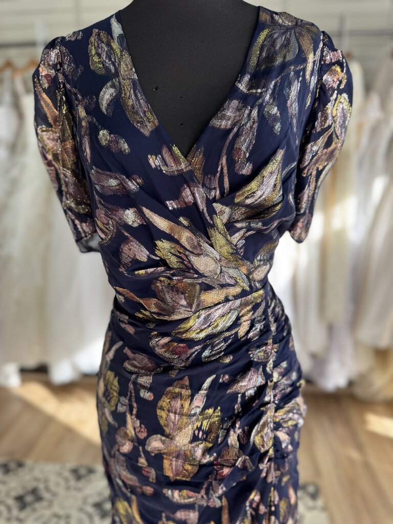 Shoshanna Midnight Navy/ Gold Metallic Flower Print Short Sleeve Long Formal Dress 12