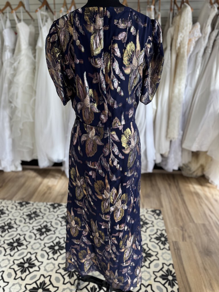 Shoshanna Midnight Navy/ Gold Metallic Flower Print Short Sleeve Long Formal Dress 12