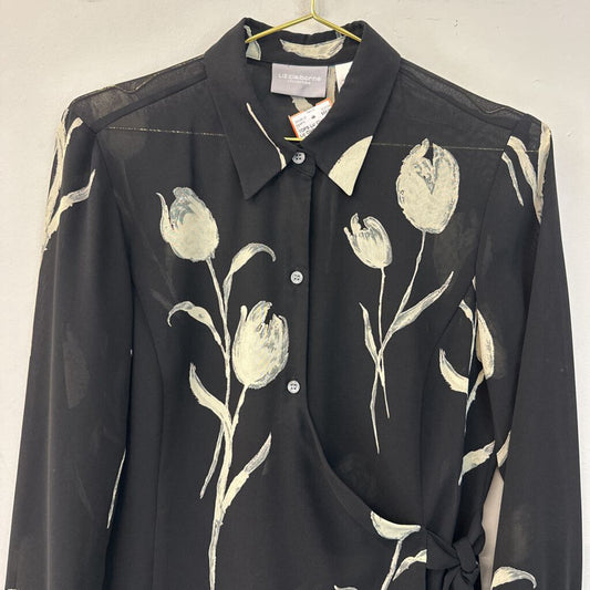 Liz Claiborne Black/ Beige Tulip Print Button Down Top 8