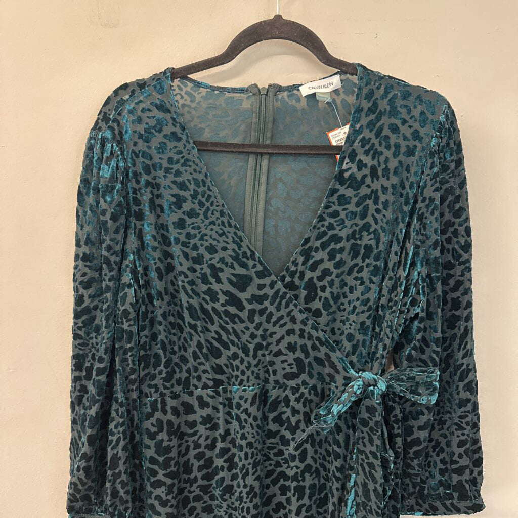 Calvin Klein Teal Velvet Leopard Print Long Sleeve Midi Dress 16