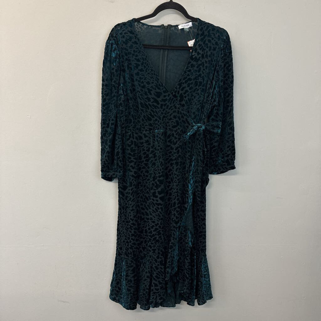 Calvin Klein Teal Velvet Leopard Print Long Sleeve Midi Dress 16