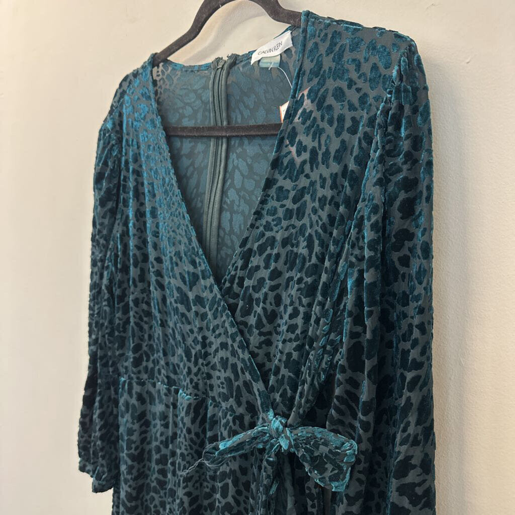 Calvin Klein Teal Velvet Leopard Print Long Sleeve Midi Dress 16