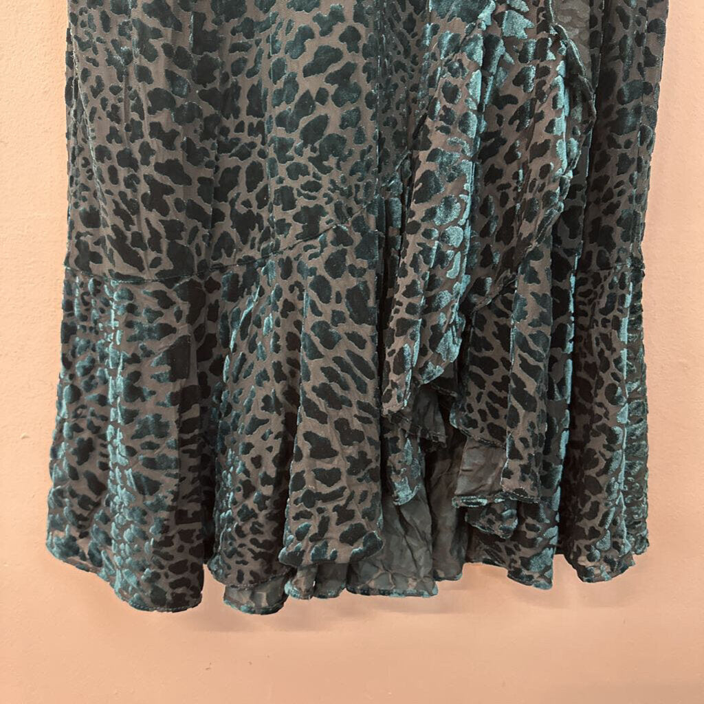 Calvin Klein Teal Velvet Leopard Print Long Sleeve Midi Dress 16