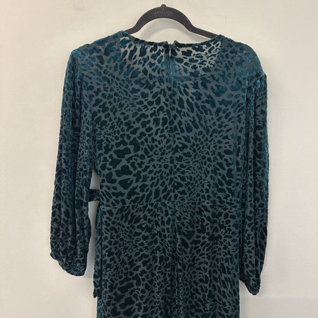 Calvin Klein Teal Velvet Leopard Print Long Sleeve Midi Dress 16