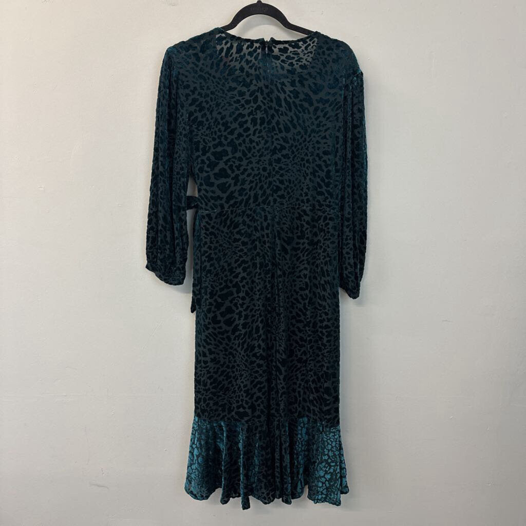 Calvin Klein Teal Velvet Leopard Print Long Sleeve Midi Dress 16