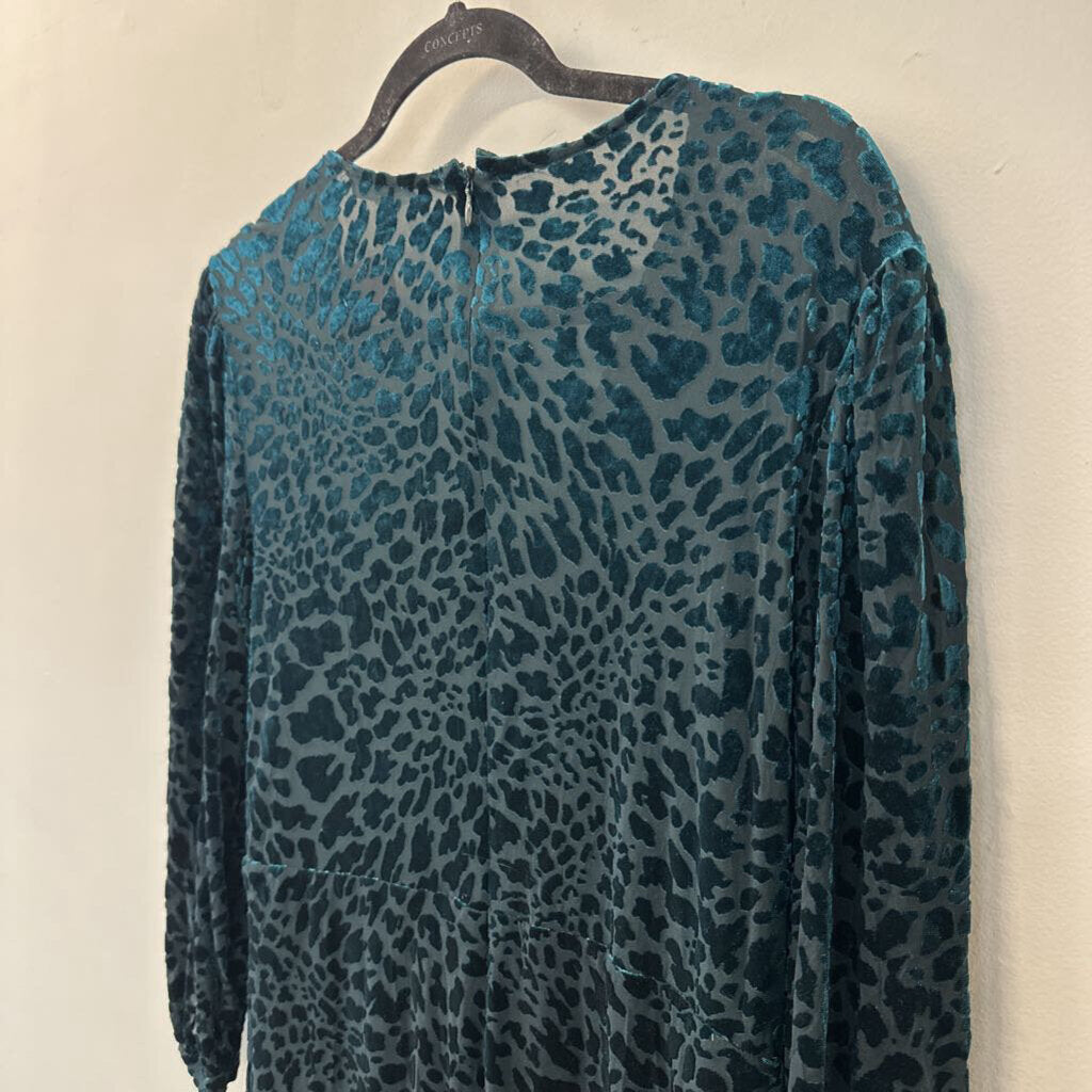 Calvin Klein Teal Velvet Leopard Print Long Sleeve Midi Dress 16